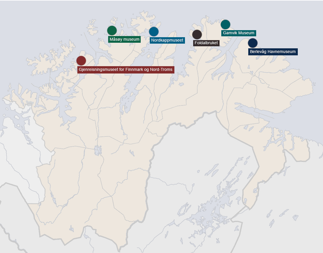 Et kart over Nord-Norge der de seks museene under Museene for kystkultur og gjenreisning i Finnmark er markert.