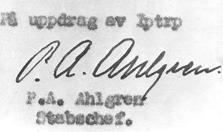 Per Ahlgrens namnteckning. Överste och regementschef mellan åren 1949-1954 vid Skaraborgs regemente