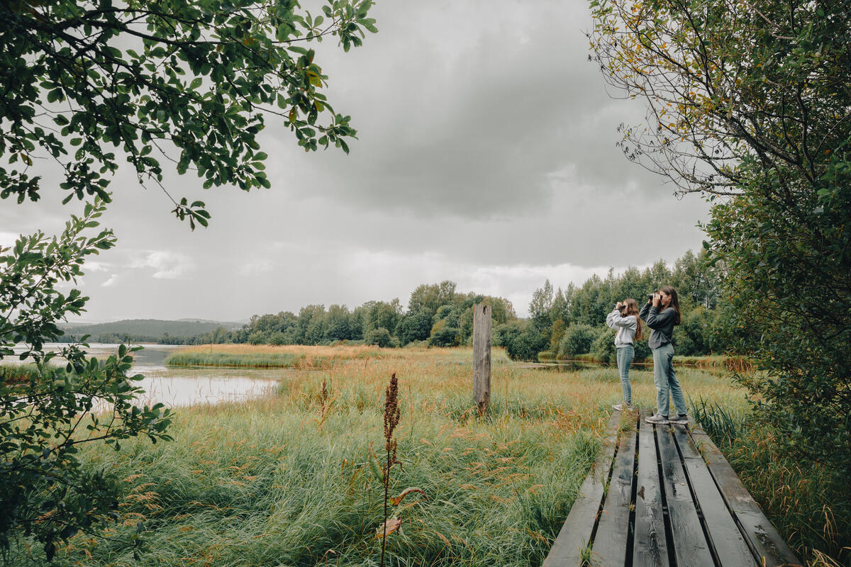 Foto av to jenter som står ute i naturen og ser i kikkert