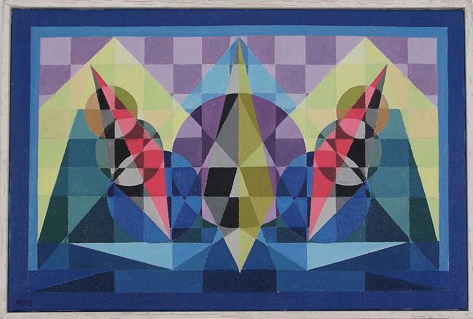 Abstrakt målning med geometriska former i blått, lila, gult, rött, grönt och svart.
