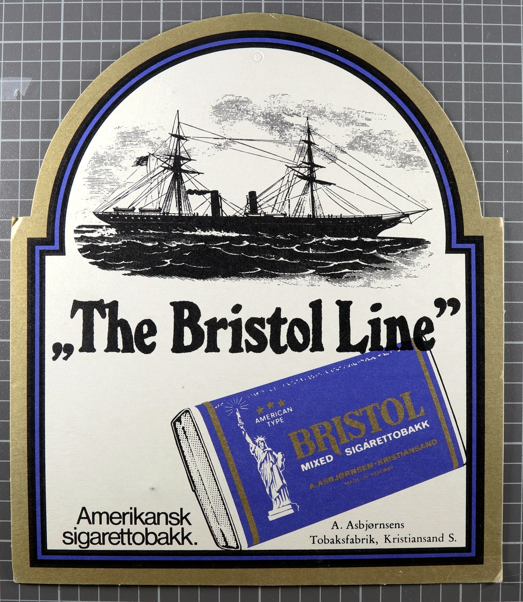 På den ene siden er det et skip med teksten "The Bristol Line" under, på den andre siden en bil med teksten "Start rolling!" under. På begge sidene er det en pakke med Bristol mixed sigaretttobakk.