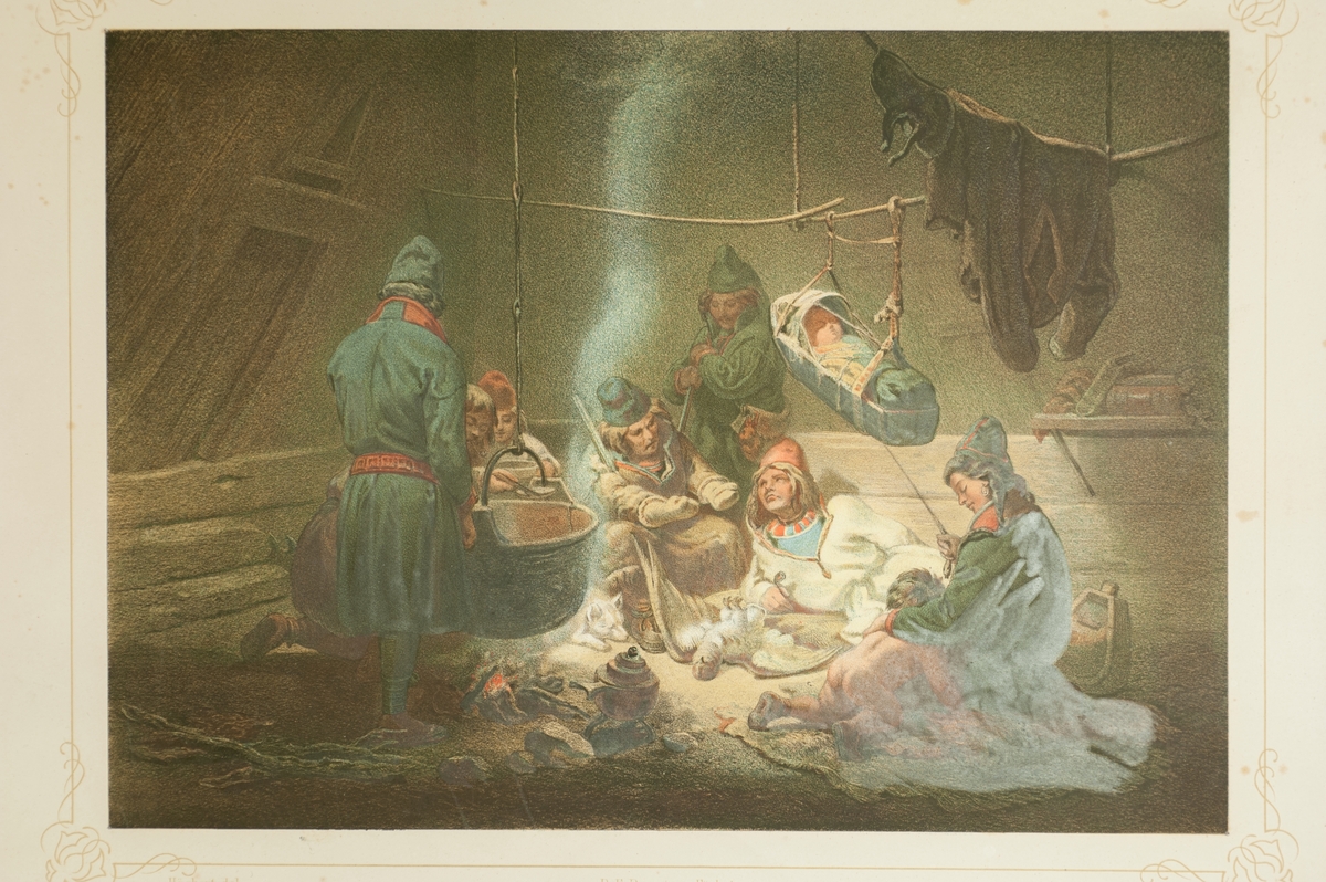 Grafiskt färgtryck efter målning av Johan Fredrik Höckert "Det inre af en lapp-kåta." L.A. 1840