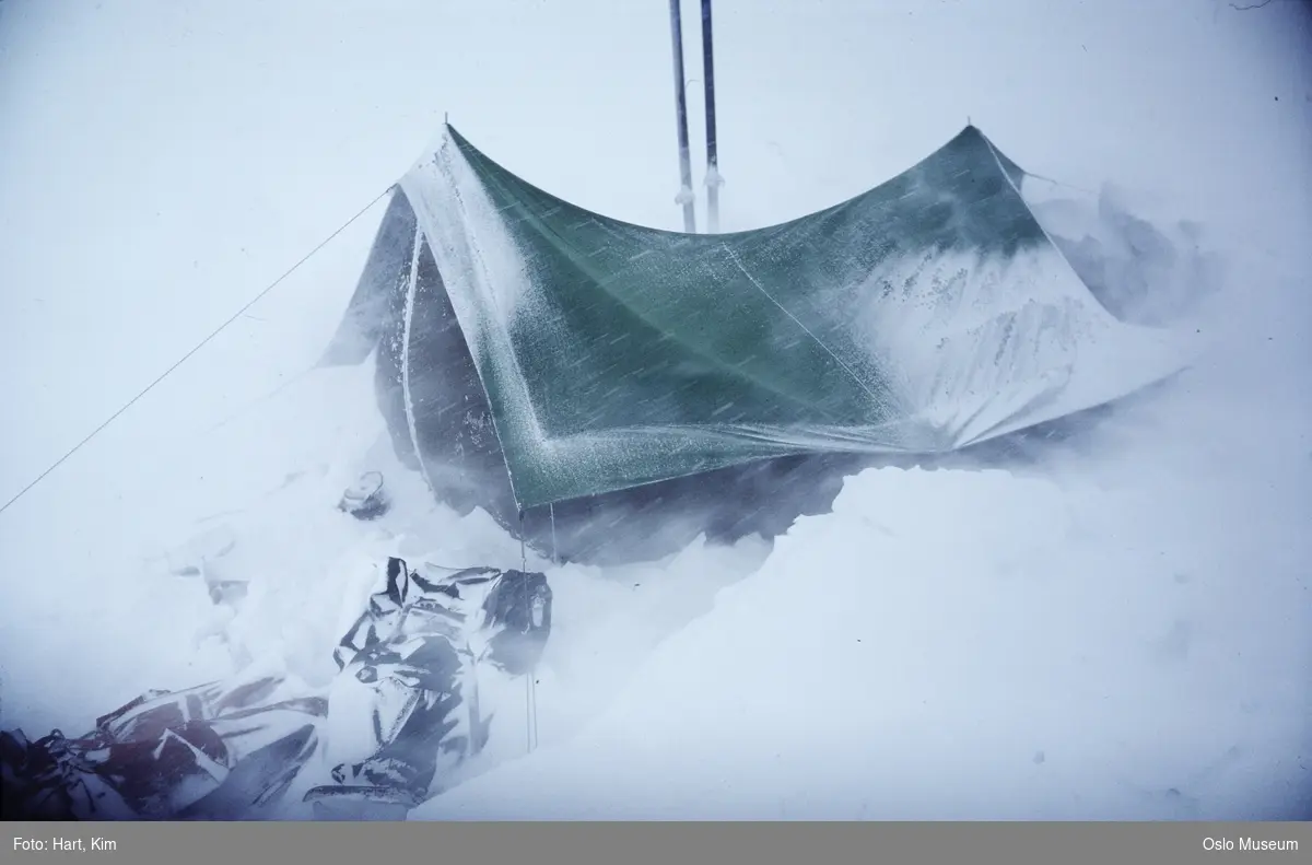 Gresshoppas telt "Mogop", ski, snø