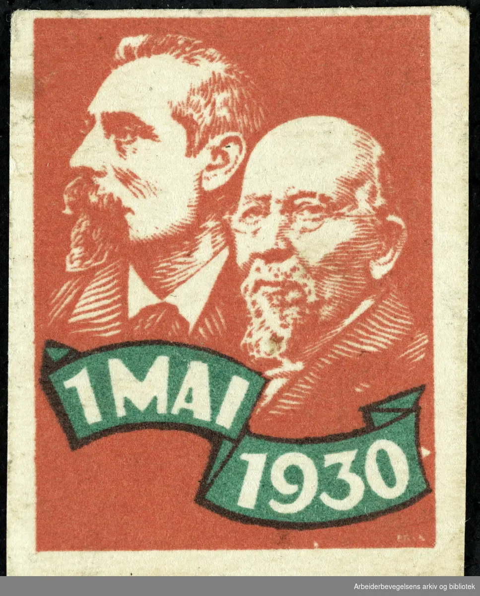 Arbeiderpartiets 1. mai-merke fra 1930. På merket fra venstre Carl Jeppesen og Christian Holtermann Knudsen.