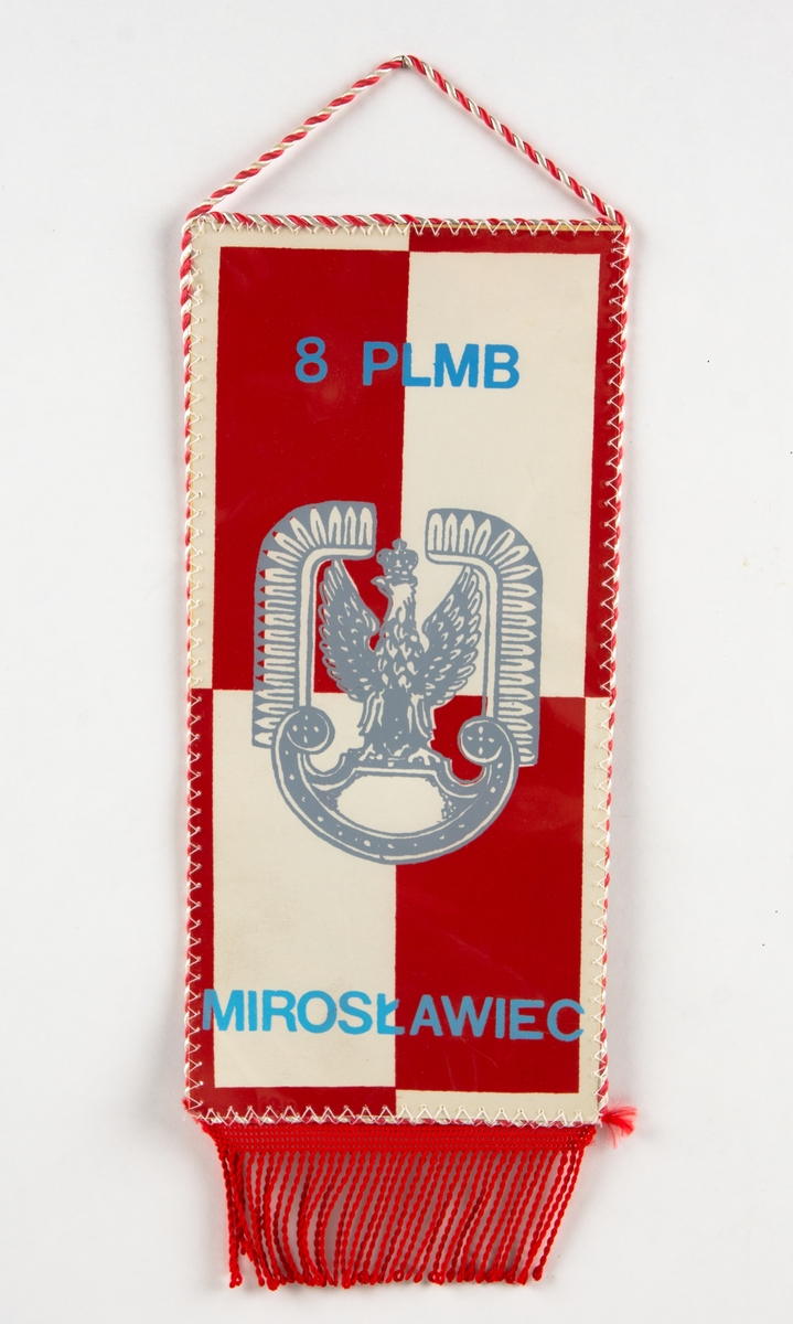 Standarflagga från Polen. På flaggans ena sida ett emblem med en krönt örn, på en röd och vit bakgrund samt texten: "8 PLMB MIROSŁAWIEC". På andra sidan på en blå bakgrund ett emblem med en flygande örn i mitten och texten "25-IV-1945". Under emblemet texten "Rocznica Chrztu Bojowego" (årsdagen av elddopet). Flaggan är insydd mellan plastark och har ett hänge upptill samt en frans nedtill.