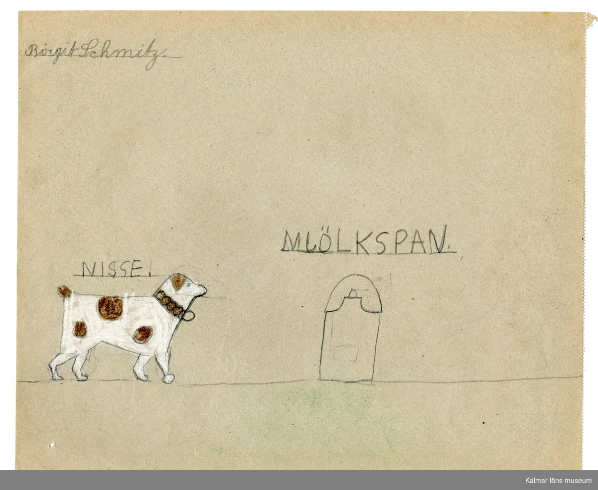 Till vänster står en vit och brunfläckig hund och till höger står ett mjölkspann ?