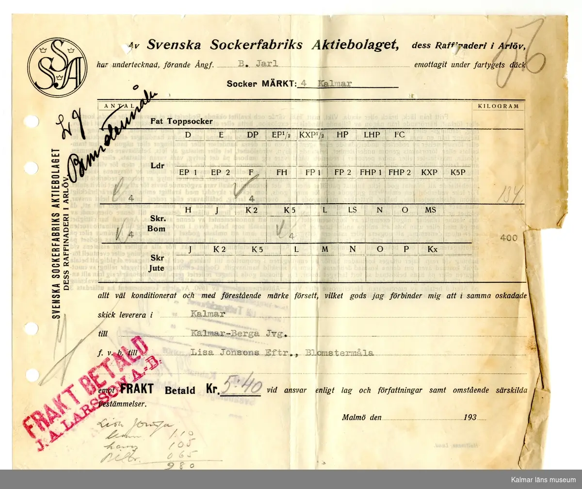 KLM 46521:1221 Kvitto. Av papper. Kvitto från Svenska Sockerfabriks Aktiebolaget, Arlöv till Lisa Jonssons Eftr., Blomstermåla. Handlingen är daterad 29/6 1935 enligt stämpel på baksidan.