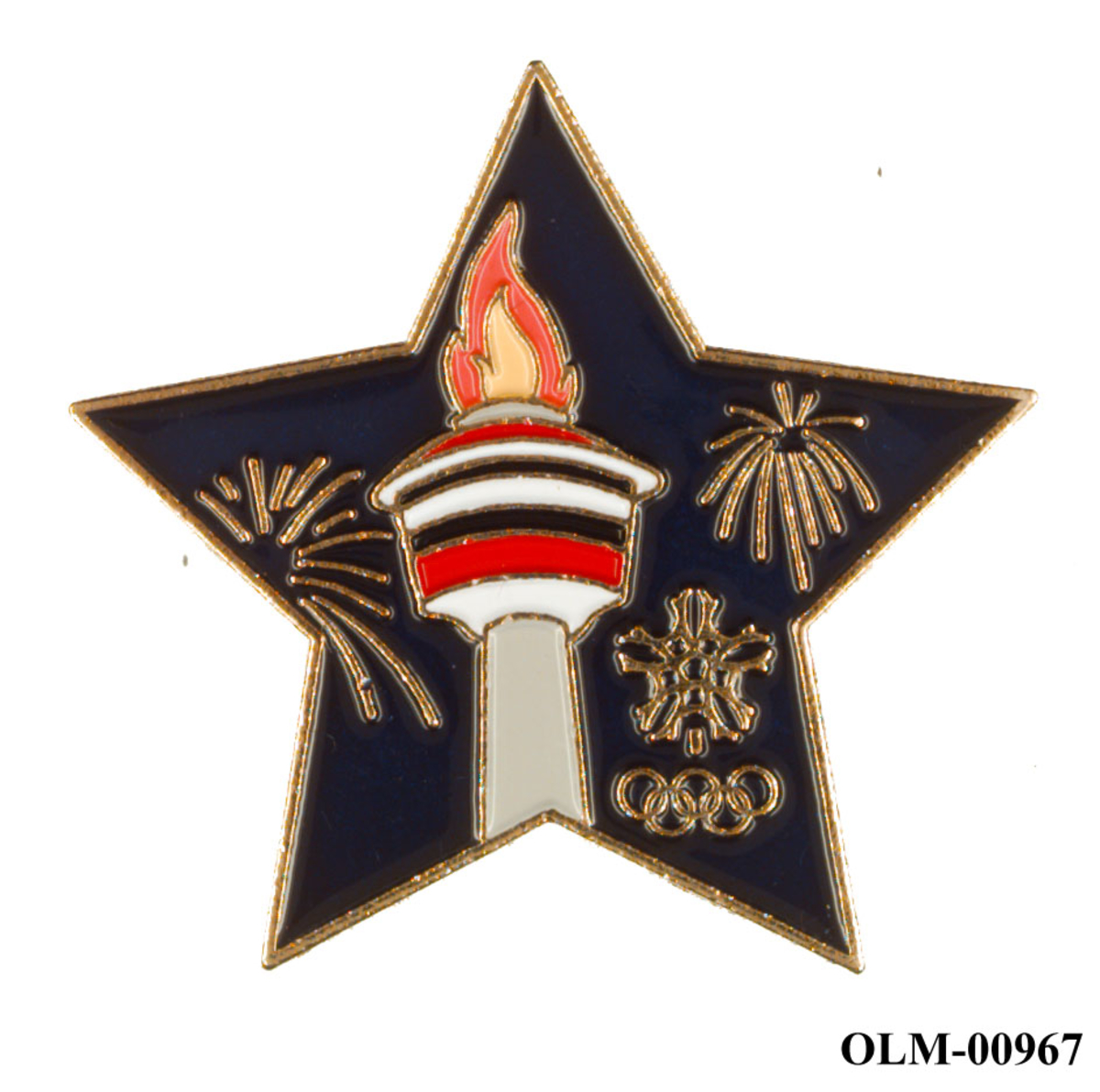 Stjerneformet merke med motiv av en fakkel og emblemet for de olympiske vinterleker i Calgary i 1988.