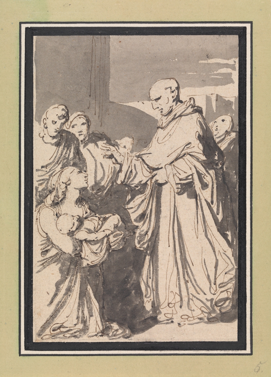 Den hellige Carlo Borreomeo velsigner en knelende kvinne med et spebarn [Tegning]
