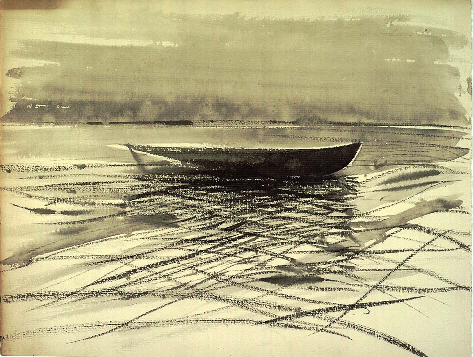Båt ved stranden [Tegning]