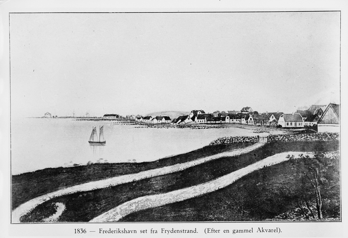 foto av tegning, Fredrikshavn, båt, hus