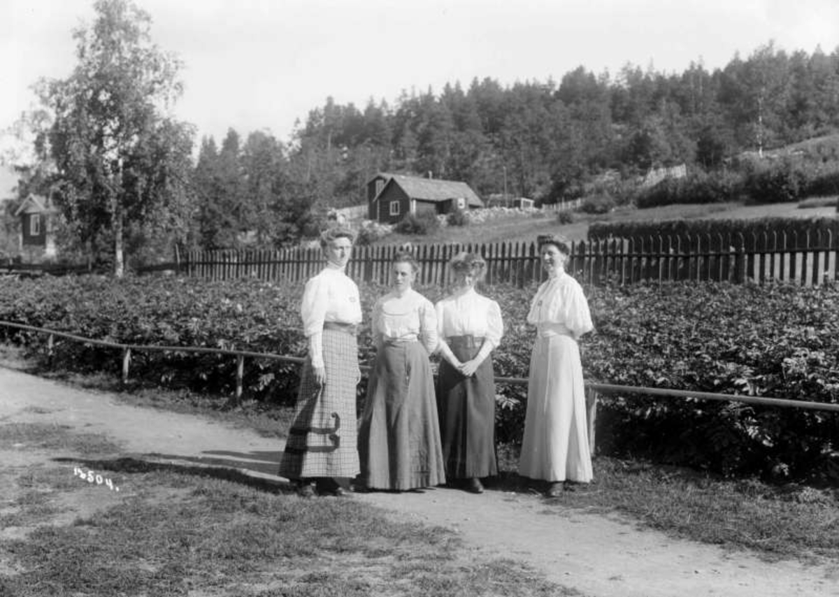 30.07.1909. Danske frøkener fra Kongsli. Gruppebilde, kvinner. I bakgrunnen hus og hage.