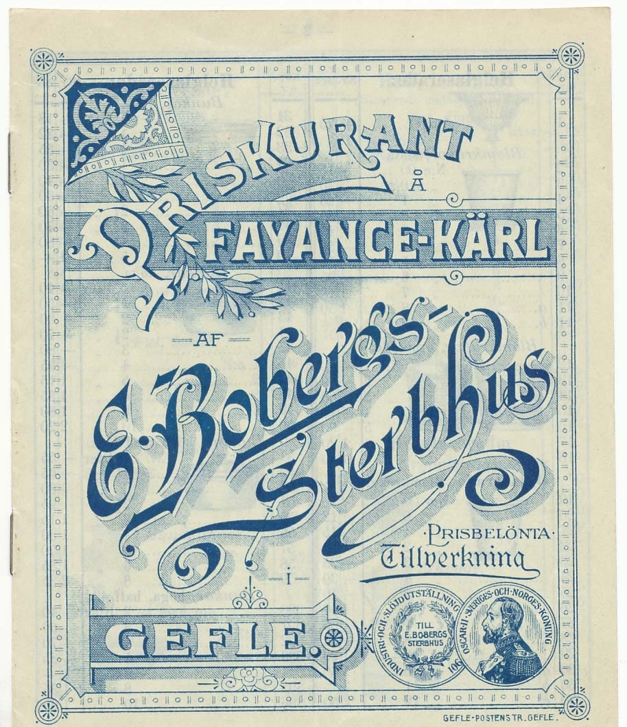 Priskurant, produktkatalog över 1910 års produktion av keramik vid Bobergs Fajansfabrik.