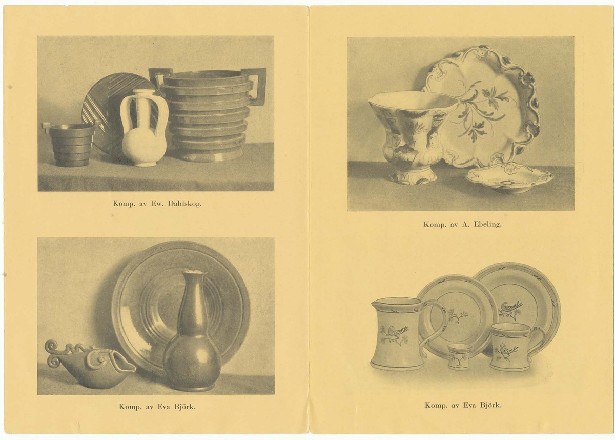 Produktkatalog från 1930-talet, med praktiska hushållsfajanser, konstglaserade dekorativa fajanser som terrasskrukor, vaser, skålar och blomkrukor.