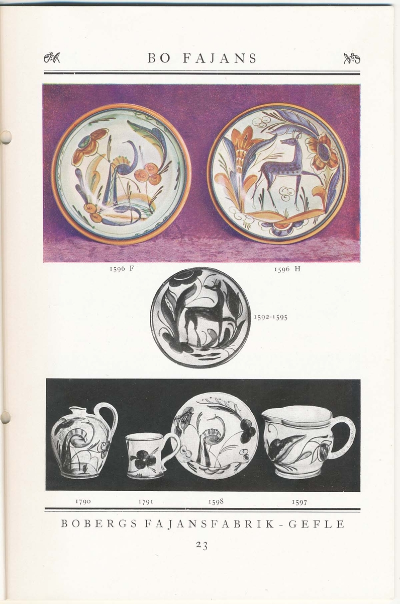 Produktkatalog från Bo Fajans 1930. Handdekorerade fajanser komponerade av Eva Jancke Björk, Allan Ebeling och Maggie Wibom.