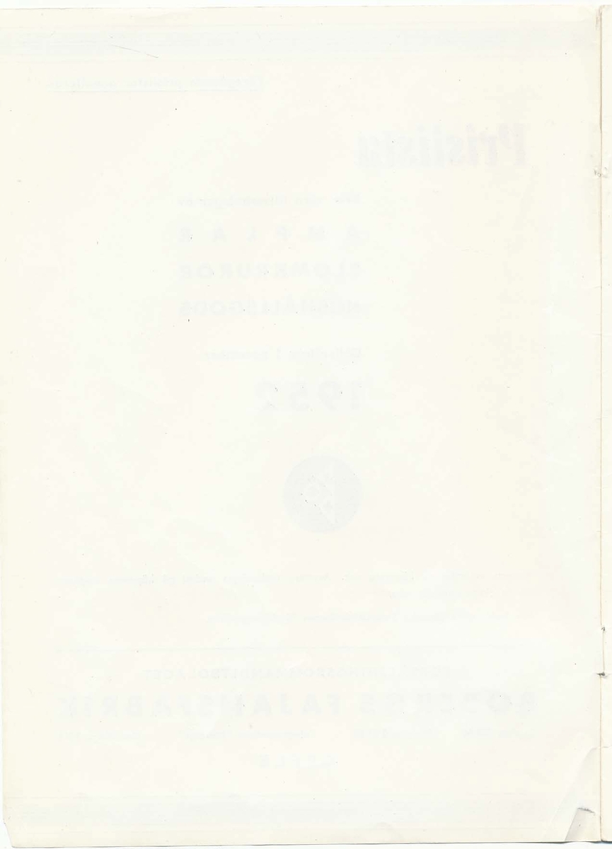 Prislista från Bo Fajans 1952, över amplar, blomkrukor och hushållsgods.