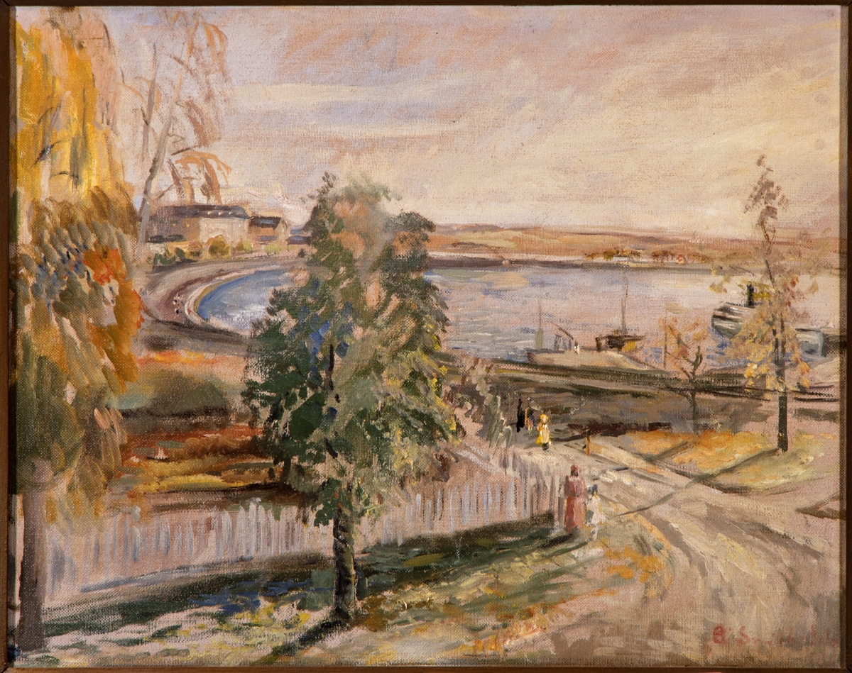 Maleri fra Hamarbukta ved Hamar brygge, sett mot Jernbanebrygga. Malt av Bjørn Smith-Hald.