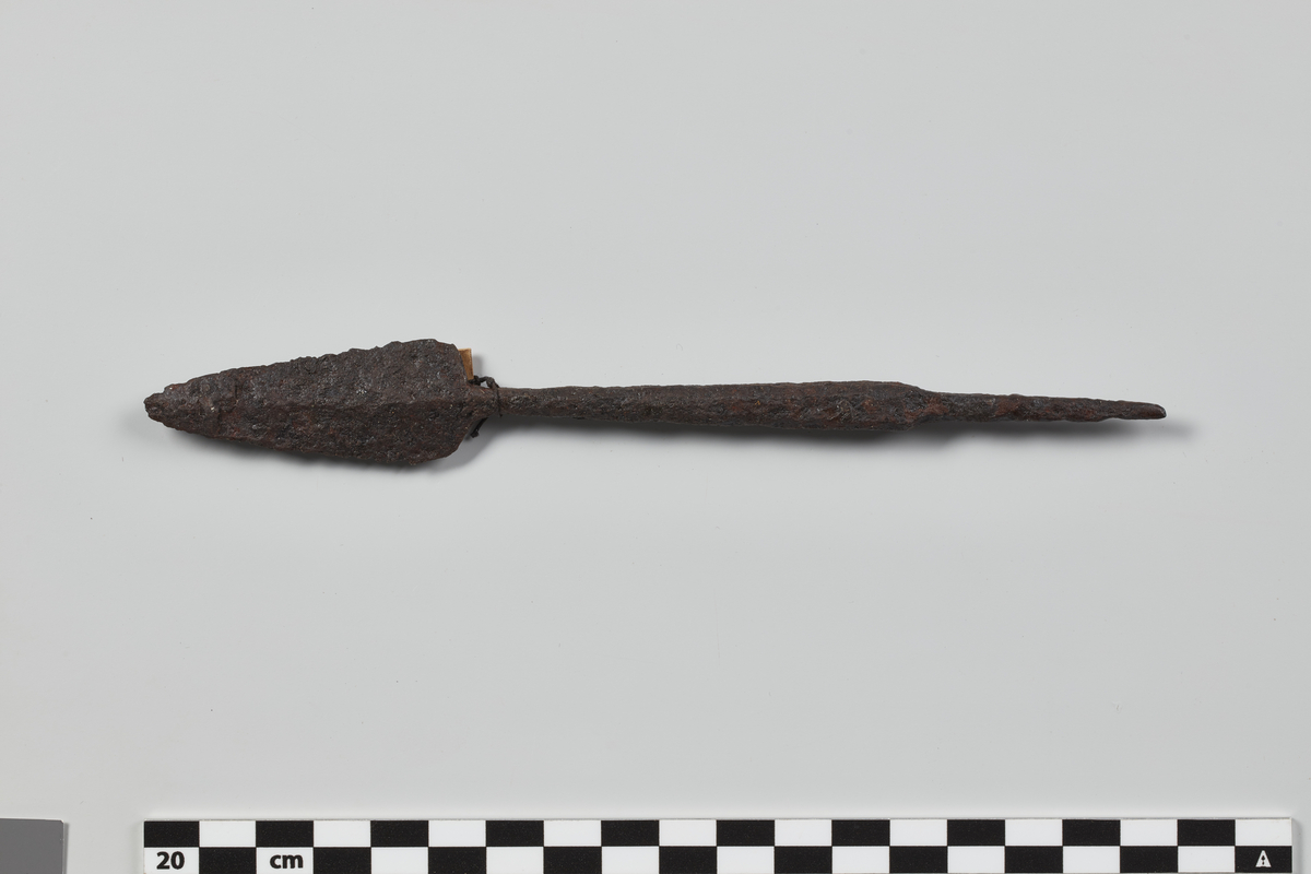 Pilespiss av jern av hovedform R. 538, men med kortere og bredere blad og adskillig lengre tange, som har firsidig tverrsnitt. Samlet lengde 17,7 cm.