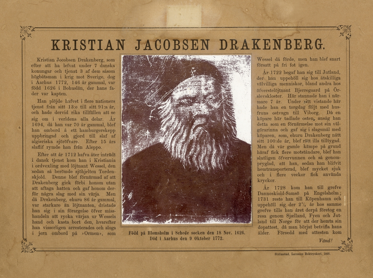 Avfotograferad artikel om den uråldrige Kristian Jakobsen Drakenberg (1626-1772) (1895).