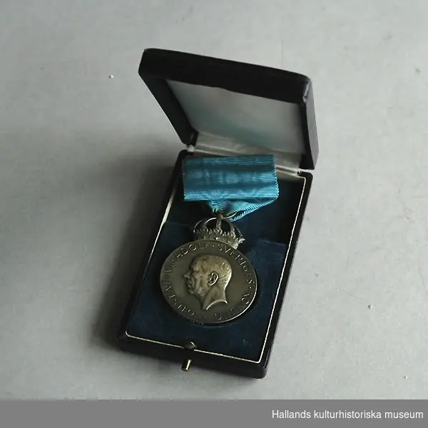 Bronsmedalj med förvaringsask av papp. a) Medalj av brons. Märkt på framsidan: "Gustav VI Adolf Sveriges Konung". Samt profil av huvudet. Baksidan märkt: "Sveriges hantverks- och småindustri organisation. J. Carlsson 1954". Blått sidenband med säkerhetsnål. Höjd 10 cm. Bredd 4 cm. Tjocklek 0,5 cm. b) Ask som medaljen ligger i. Blå, av papp med blå sammet på insidan. Diameter b):100 mm. Bredd b): 60 mm. Höjd b): 20 mm.