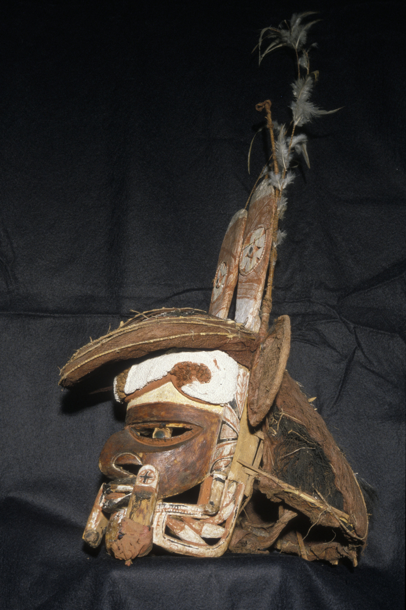 Maske; tre, barktøy, turbo petholatus skjell og fjær, Papua Ny Guinea, Melanesia