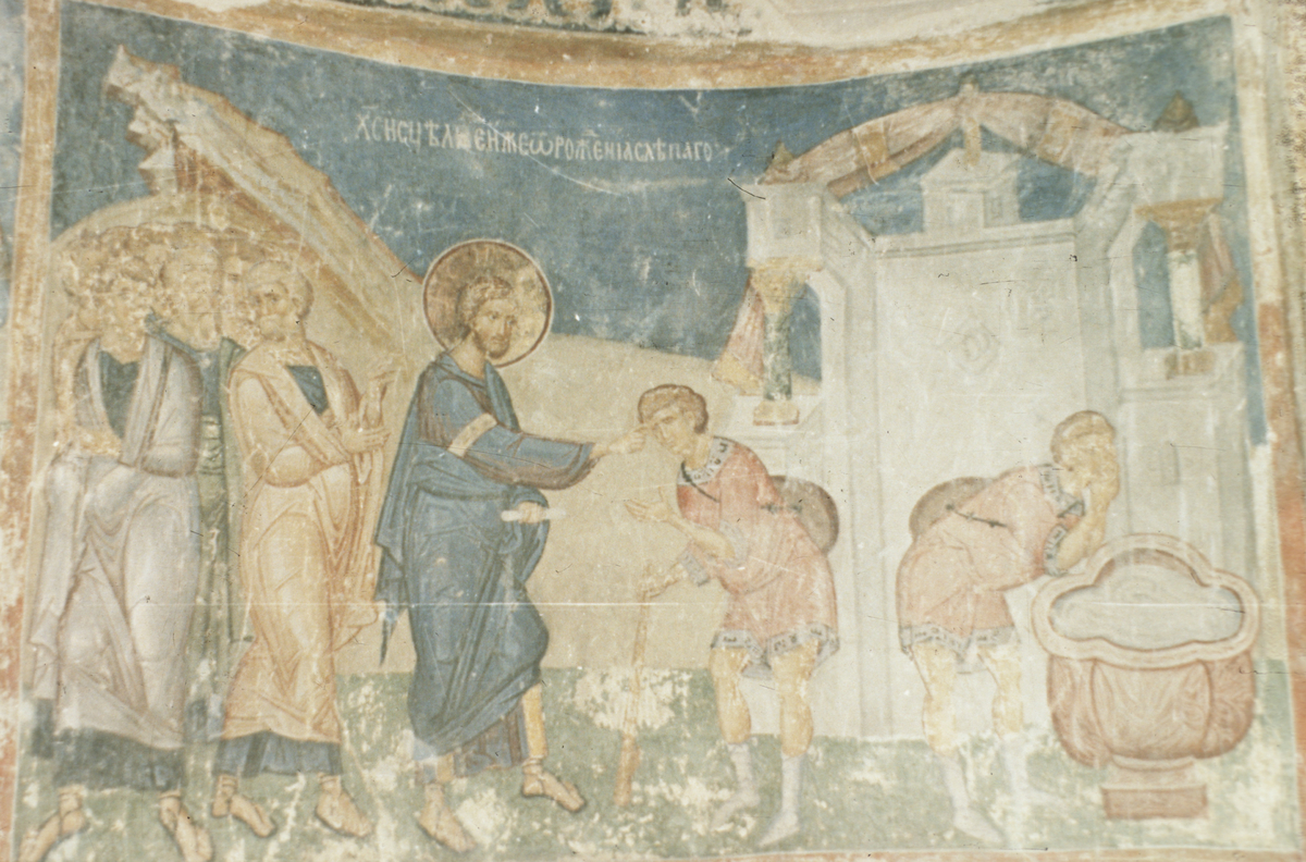 Freske i klosterkirken. Helbredelsen av de blinde. 
