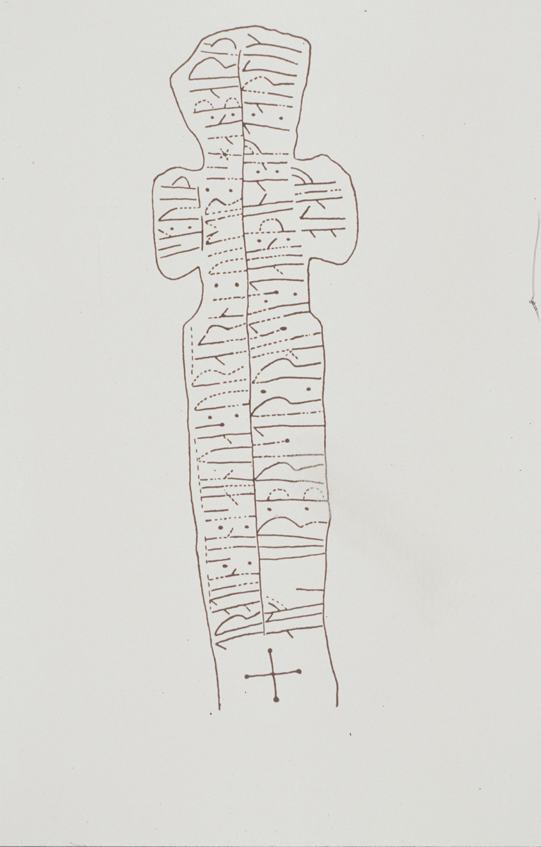 Fra Stavanger museum. Erling Skjalgsson-korset. Tegning med runer.