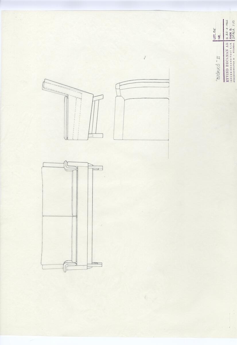 Skisser på olika slags möbler: säng, bord, fåtölj. Åtta olika rader med olika små skisser. Tömd pärm egen placering, 85 st.