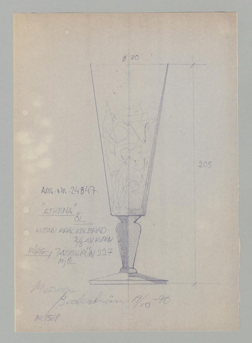 Kopia på ritning med Athena ölglas. Rak, utvikt kupa, på ben och fot. Mått och färgangivelse på ritningen.