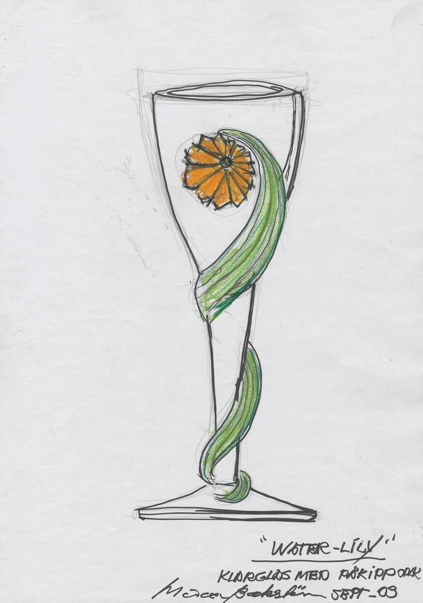 Skisser till en serie, i vilken ingår olika typer av vaser och skålar samt en pokal, med påklipp i form av breda slingor och blommor. Noteringar.