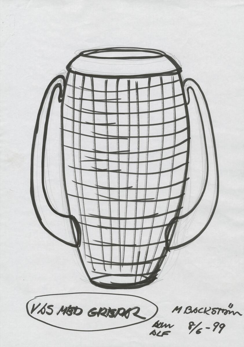 Skisser till ett antal föremål - vaser, kannor, ishink - samtliga rutmönstrade med cylindriska eller runda former. Noteringar.