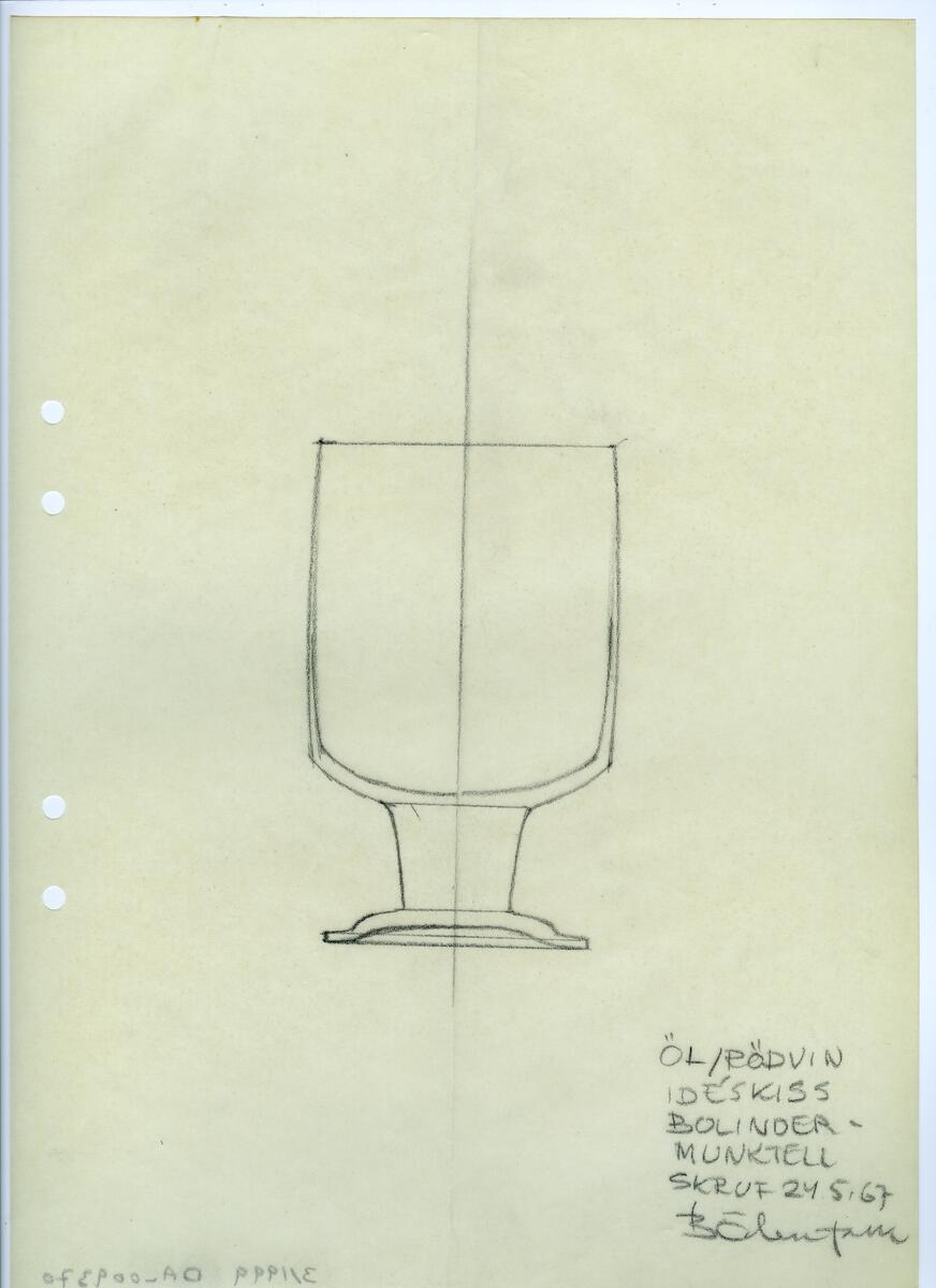 Materialet innehåller skisser till glasserviser, ishink, vaser m.m. 50 skisser daterade 1965. 37 skisser daterade 1966. 83 skisser daterade 1967.