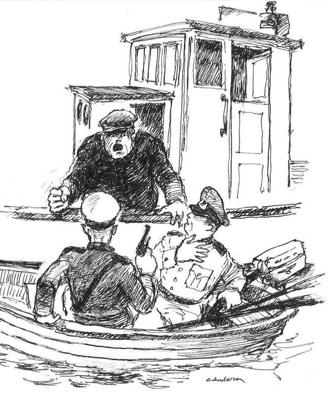Tegning av en sint mann på en fiskebåt, to politikonstabler i en robåt.