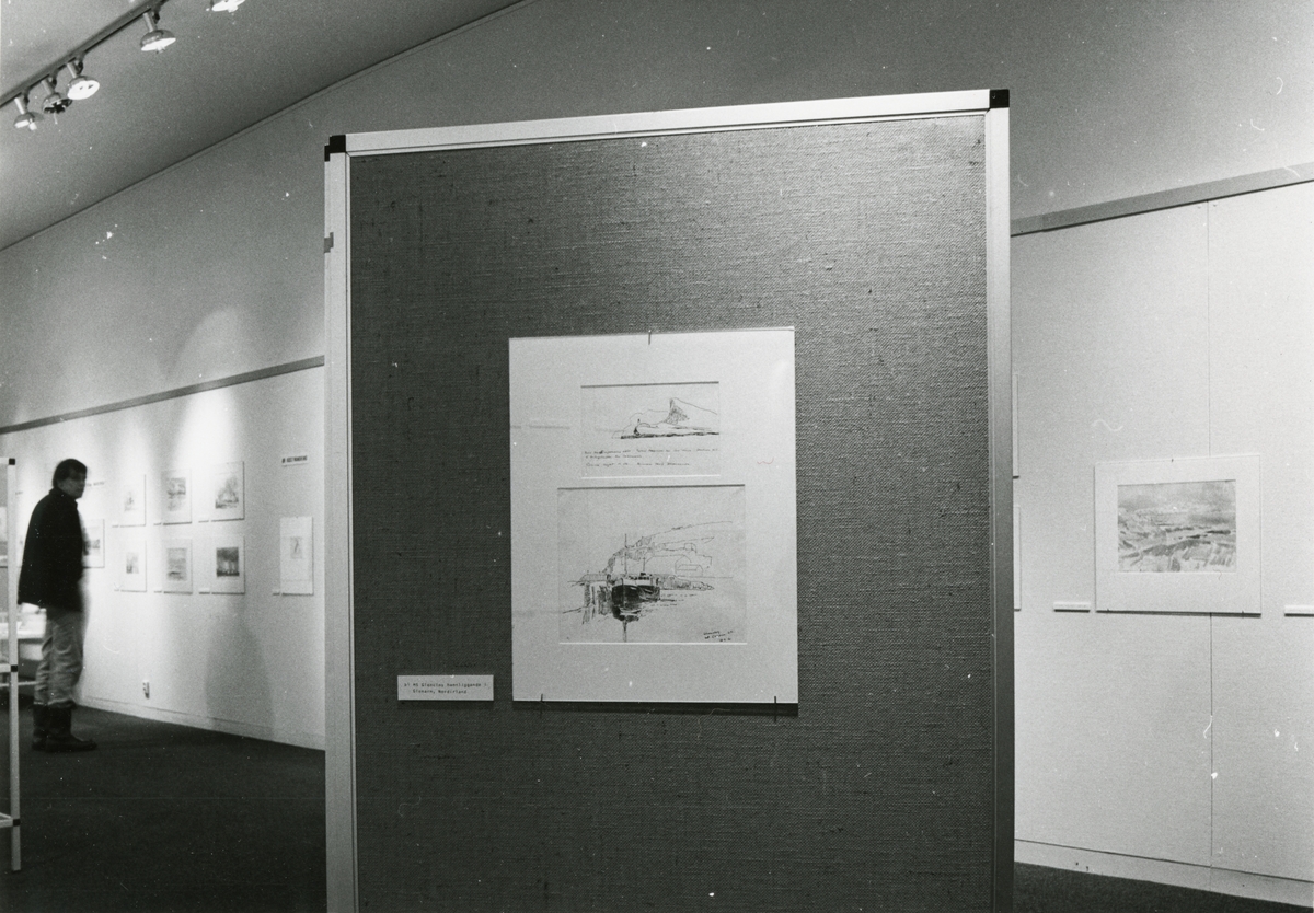 Utställningen "Akvareller och teckningar av Arne Gadd". Utställningsinteriör med konst på vägg och skärm samt en besökare.
