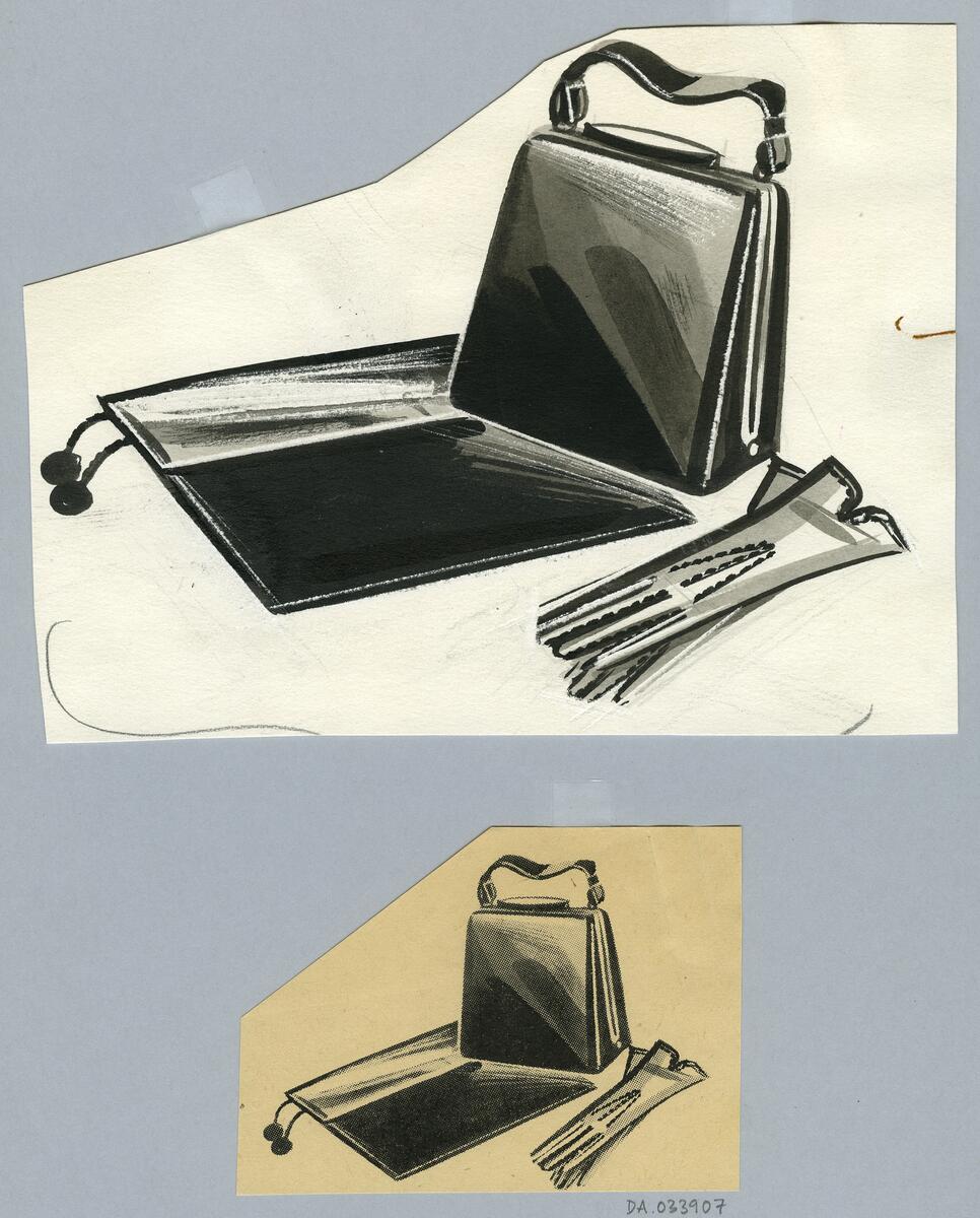 Skisserna visar två väskor i olika modeller samt ett par handskar.