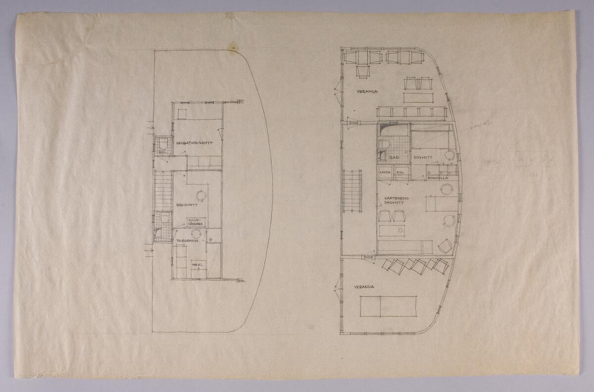 Översiktsplaner för skeppets olika rumsindelningar med möbleringsförslag som bygger på Översiktsplan över skeppet Lindholmen. Skala 1:200.