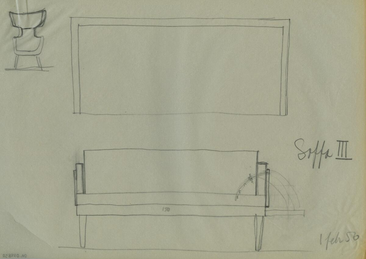 Skisser och ritningar till olika typer av sängsoffor och tillhörande detaljer med noteringar.  Även referensmaterial i form av en förteckning av de olika modellerna samt en beräkning av tygåtgång till sofforna.