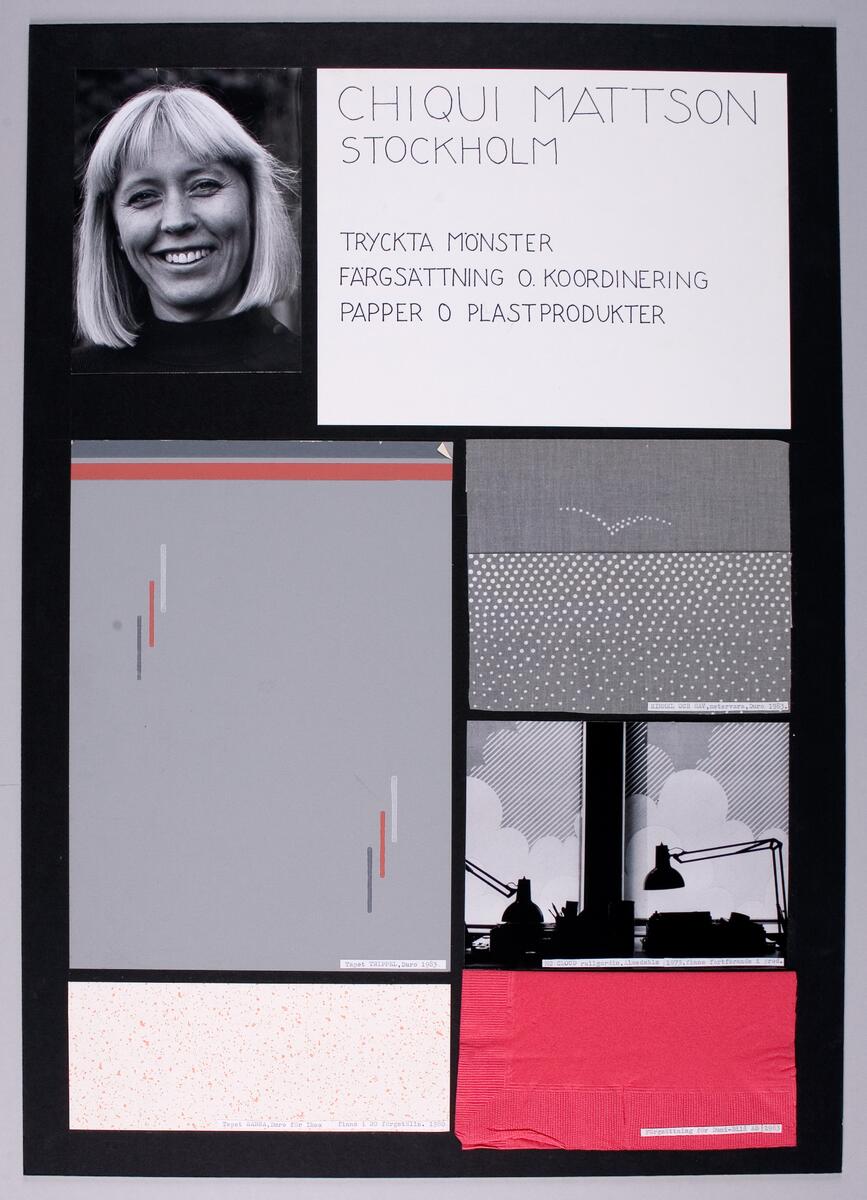 Collage presentation av konstnären och hennes produktion. Designer av tryckta mönster för textil, tapet m.m. papper och plastprodukter.