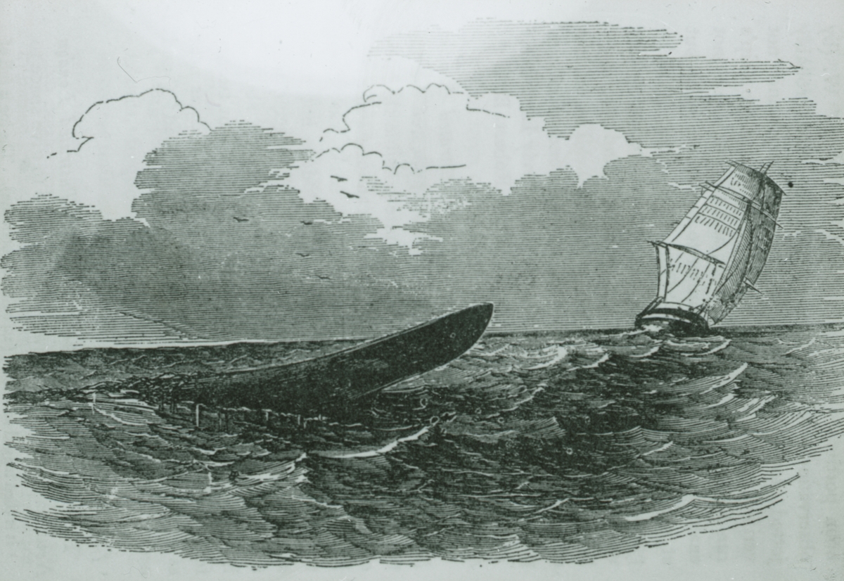 Fotografi från Spetsbergen. Teckning meds motiv av båtar på stormigt hav.