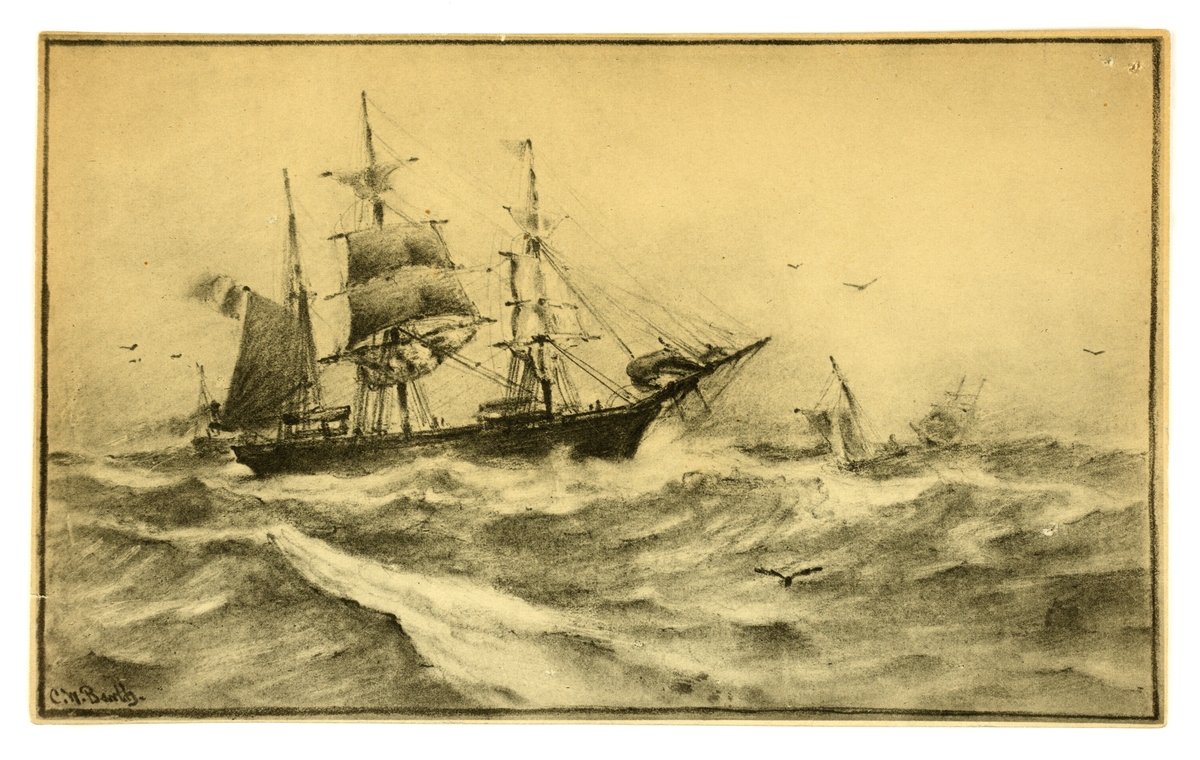 Et tegnet julekort. En tremaster på urolig hav i forgrunnen og tre mindre båter i bakgrunn.  Signert C.W.Barth i venstre hjørne.
Tegnet av Carl Wilhelm Bøckmann Barth.