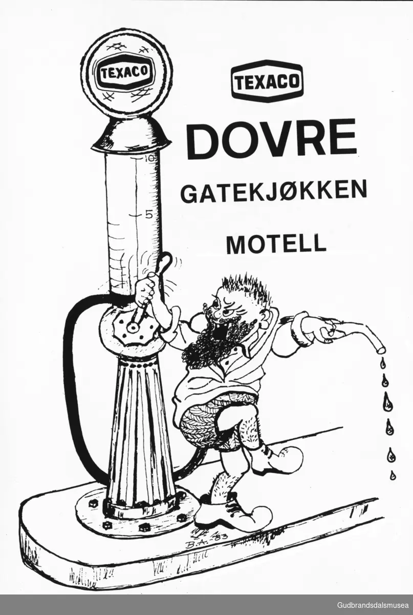Karikaturtegning av Arne Haugerud utført av Texacos Bjørn Andersen/Dekora. På 1970-tallet bestilte Arne Haugerud ved Texaco-stasjonen på Dovre 350 000 bæreposer med bl.a. denne som illustrasjon.