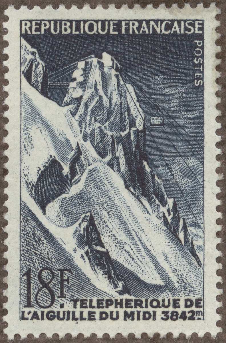 Frimärke ur Gösta Bodmans filatelistiska motivsamling, påbörjad 1950. Frimärke från Frankrike,1956. Motiv av Elektrisk linbana till Pic du Midi 3.842 m.