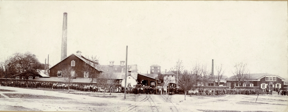 Personalen vid Kosta glasbruk uppställda framför bruket, ca 1900.