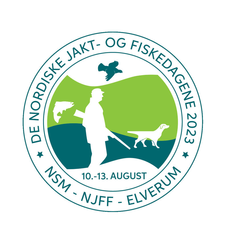 Bildet viser logoen til De nordiske jakt- og fiskedager. I logoen kan man se en mann med gevær, en hund, en fisk og en fugl.