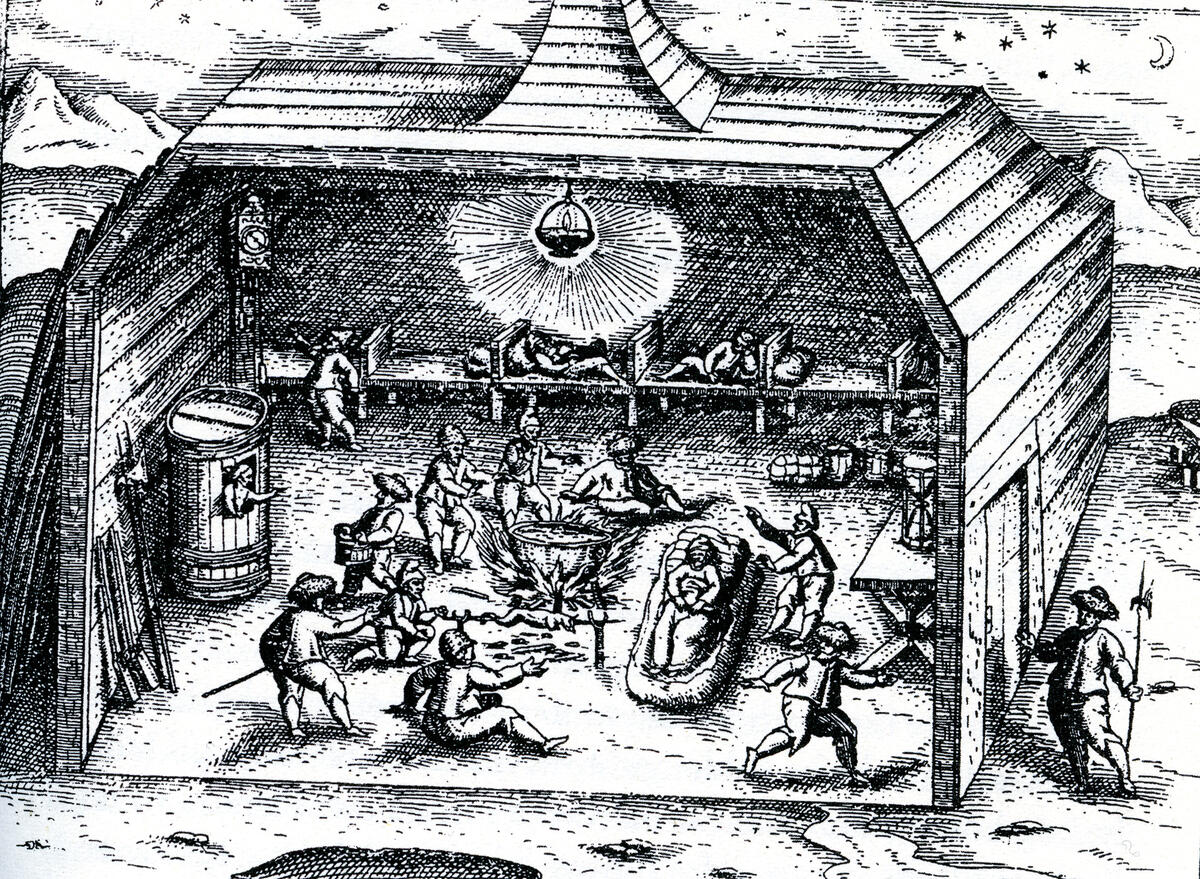 Tegningen viser mannskapet på innsiden av den provisoriske hytten.