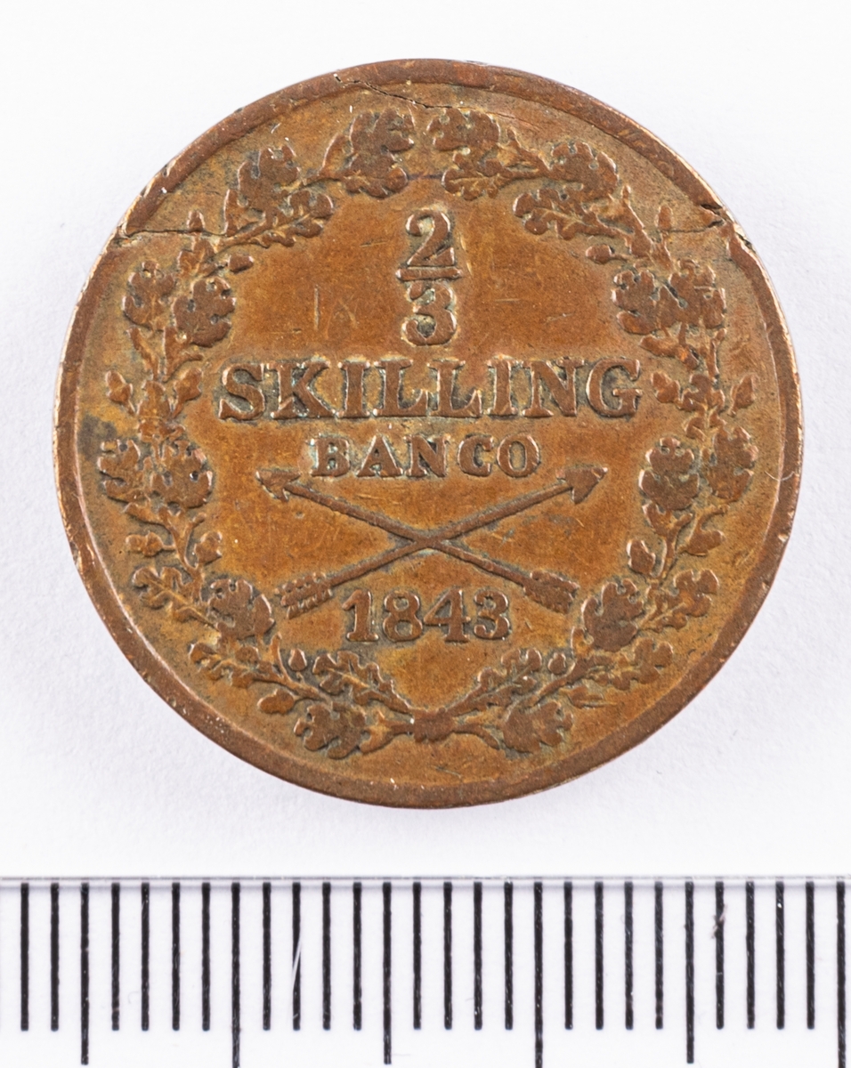 Mynt, Sverige,  2/3 skilling banco, 1843.