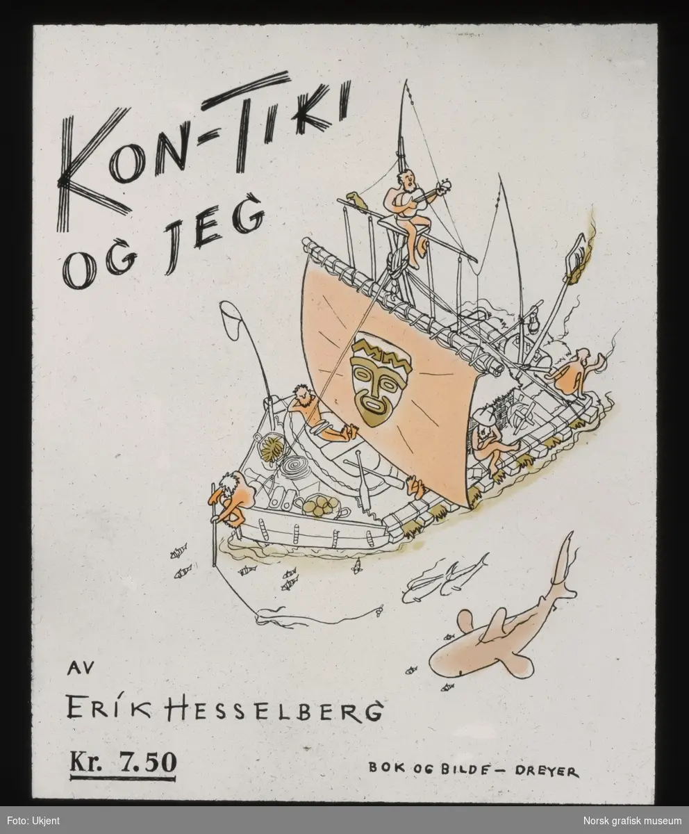 Lysbilde av fremsiden på boka "KON-TIKI OG JEG" av Erik Hesselberg.
