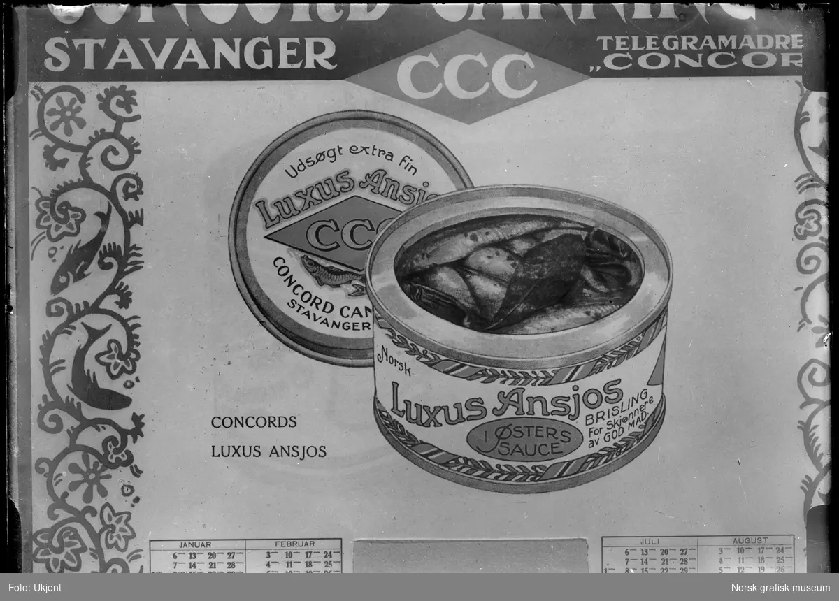 Reklame for ansjos fra hermetikkfabrikken Concord Canning Co. Det er bilde av en åpen og en lukket hermetikkboks med tittelen "Norsk Luxus Ansjos i østers saus".