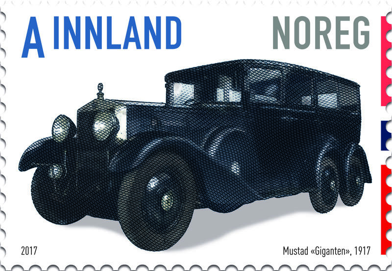 Bildet viser frimerke med bilde av bilen Giganten.