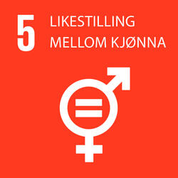 Logo for FNs bærekraftsmål nummer 5. Overskrifta er Likestilling mellom kjønna, grafikken er symbolet for mann/mars og kvinne/venus sammensmeltet til en figur med et erlik-tegn i midten.